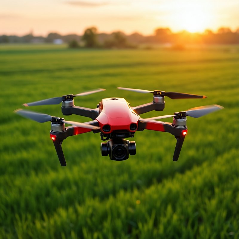 Professional drone in flight over green fields